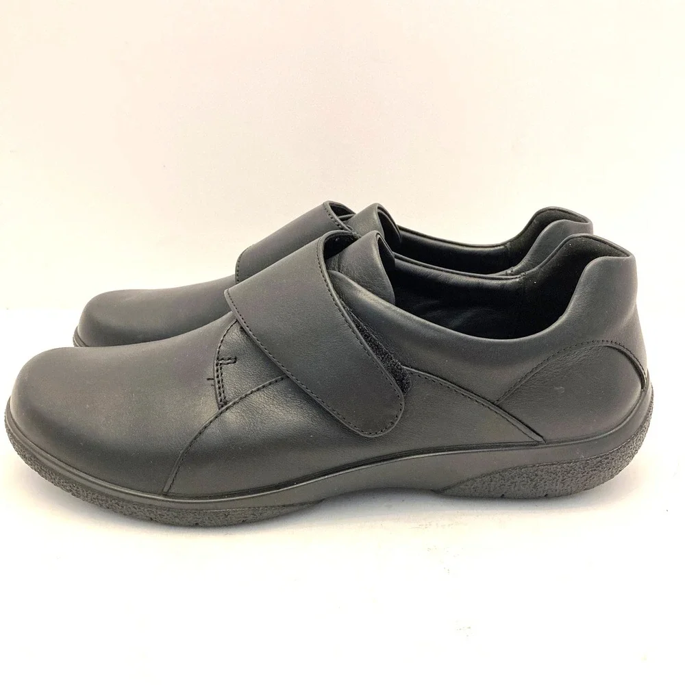 Hotter Sugar II Shoes Womens 11 Wide EXF Hook Loop Close Monkstrap Black Leather